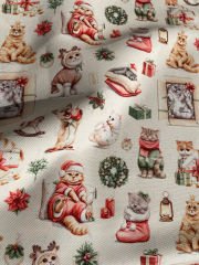 Yılbaşı Sevimli Kediler Desenli Kumaş