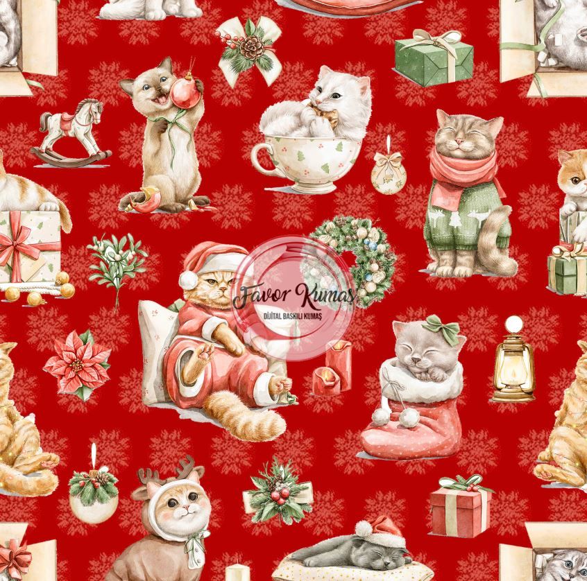 Yılbaşı Sevimli Kediler Desenli Kumaş kırmızı - Döşemelik Petek Kumaş
