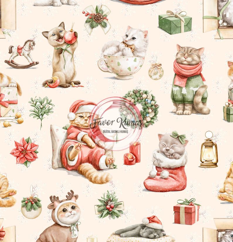 Yılbaşı Sevimli Kediler Desenli Kumaş krem - Döşemelik Petek Kumaş