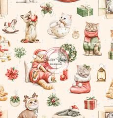 Yılbaşı Sevimli Kediler Desenli Kumaş krem - Döşemelik Petek Kumaş