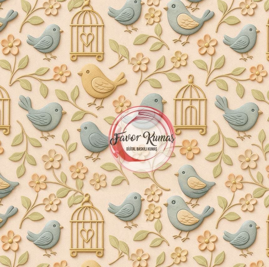 Altın Kafesli  Kuş Desenli Kumaş