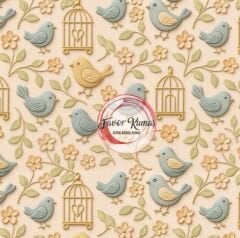 Altın Kafesli  Kuş Desenli Kumaş