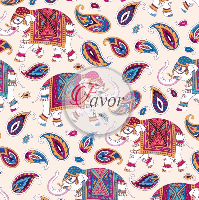 Mor Etnik Fil Desenli Kumaş Döşemelik Petek Kumaş - krem