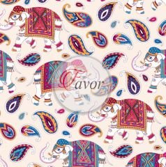 Mor Etnik Fil Desenli Kumaş Döşemelik Petek Kumaş - krem