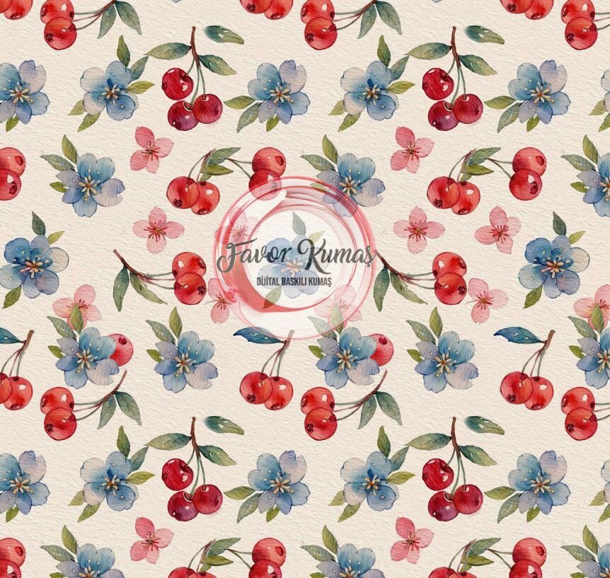 Suluboya Kiraz Ve Çiçek Desenli Kumaş