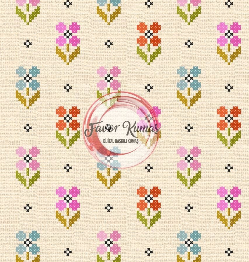 Keten Zeminli Nakış Desenli Kumaş