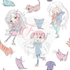 Anime Kız ve Kedi Desenli Kumaş