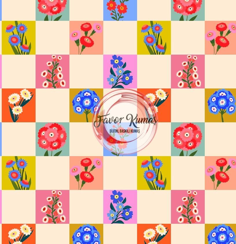 Renkli Dama Çiçek  Desenli Kumaş