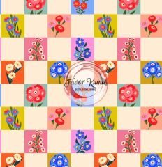 Renkli Dama Çiçek  Desenli Kumaş