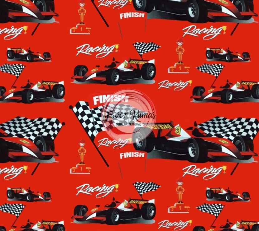 Yarış Arabalı Kırmızı Zemin Desenli Kumaş