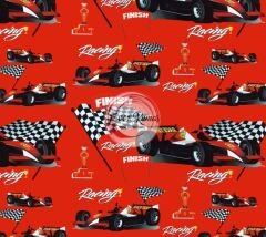 Yarış Arabalı Kırmızı Zemin Desenli Kumaş