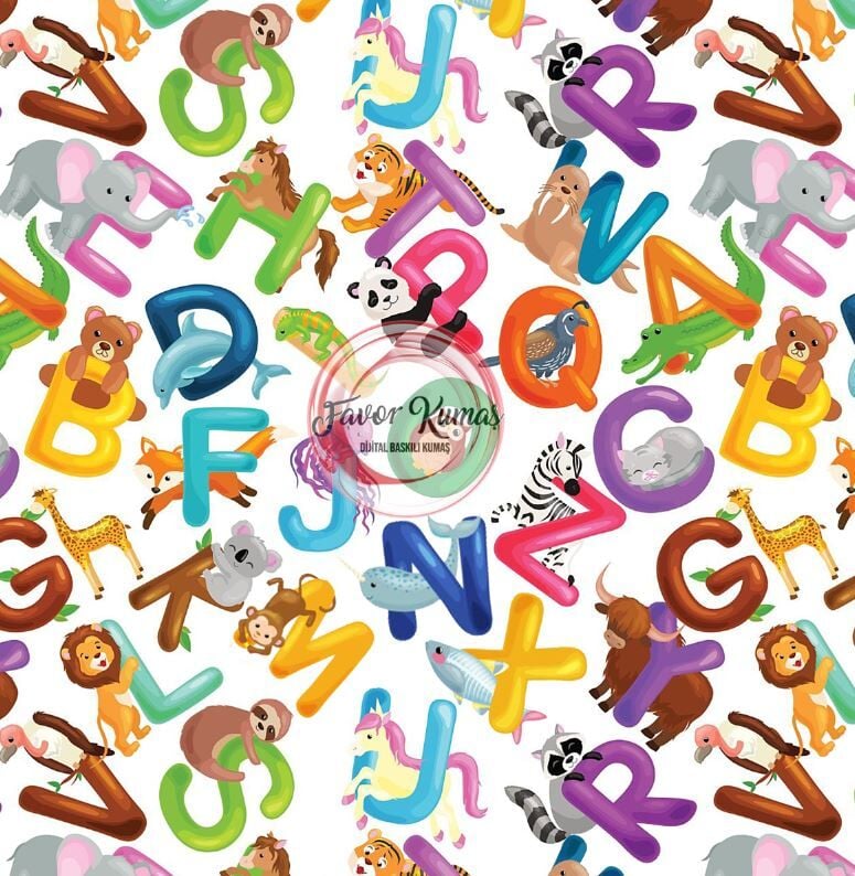 Harf Ve Hayvanlar  Desenli Kumaş