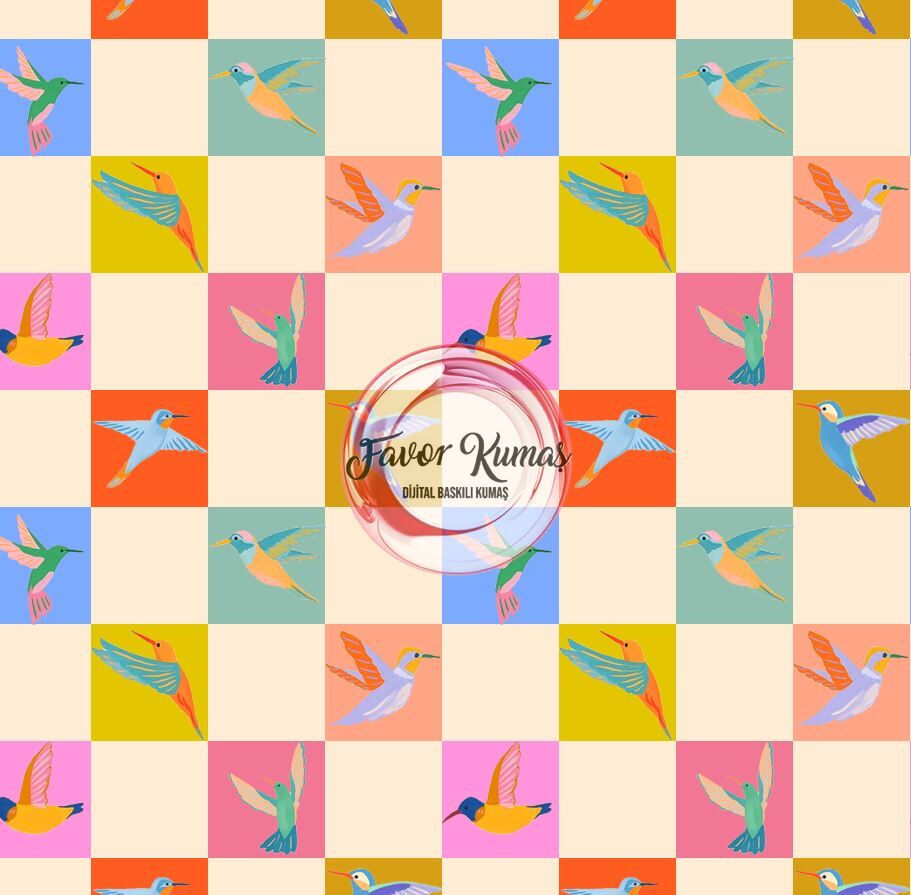 Renkli Dama Kuş  Desenli Kumaş