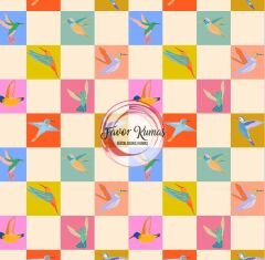 Renkli Dama Kuş  Desenli Kumaş