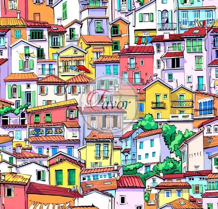 Renkli Şehir Desenli Kumaş