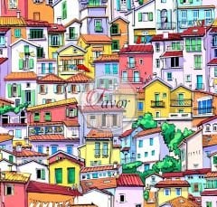 Renkli Şehir Desenli Kumaş