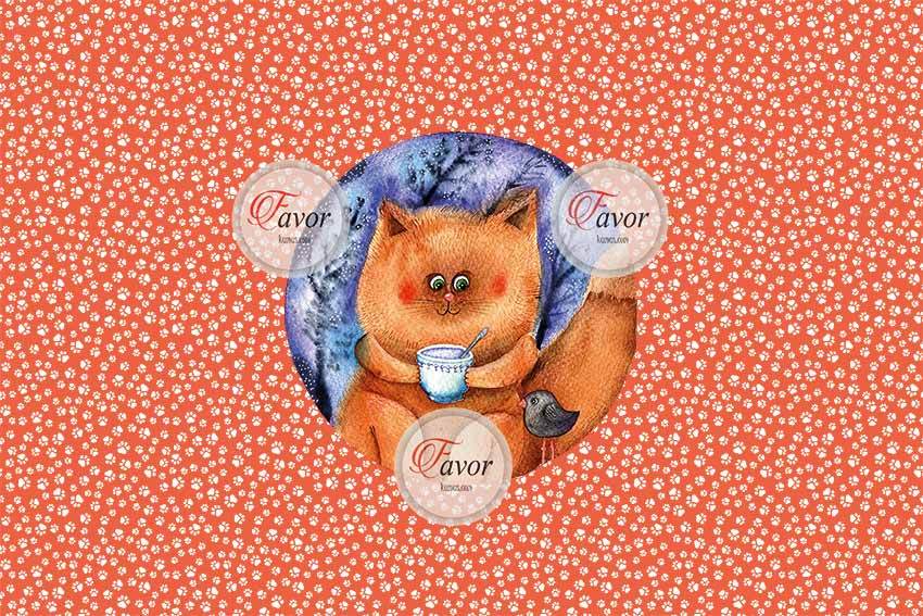 Çay İçen Kedi Desenli Kumaş