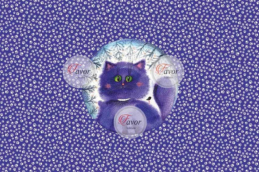 Mor Zemin Kedi Baskılı Kumaş