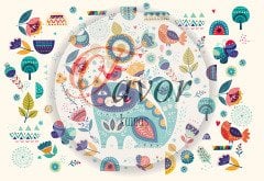 Kedi ve Çiçek Desenli Kumaş