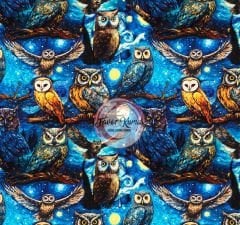 Yıldızlı Gece ve Baykuşları Desenli Kumaş
