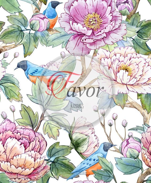 Mavi Kuş ve Çiçek Desenli Kumaş renkli - Döşemelik Petek Kumaş