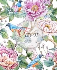 Mavi Kuş ve Çiçek Desenli Kumaş renkli - Döşemelik Petek Kumaş