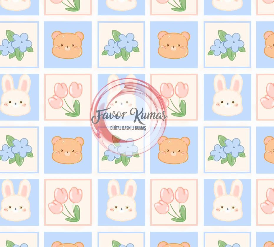 Kareli Tavşan Ve Ayıcık Desenli Kumaş