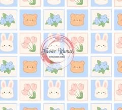 Kareli Tavşan Ve Ayıcık Desenli Kumaş