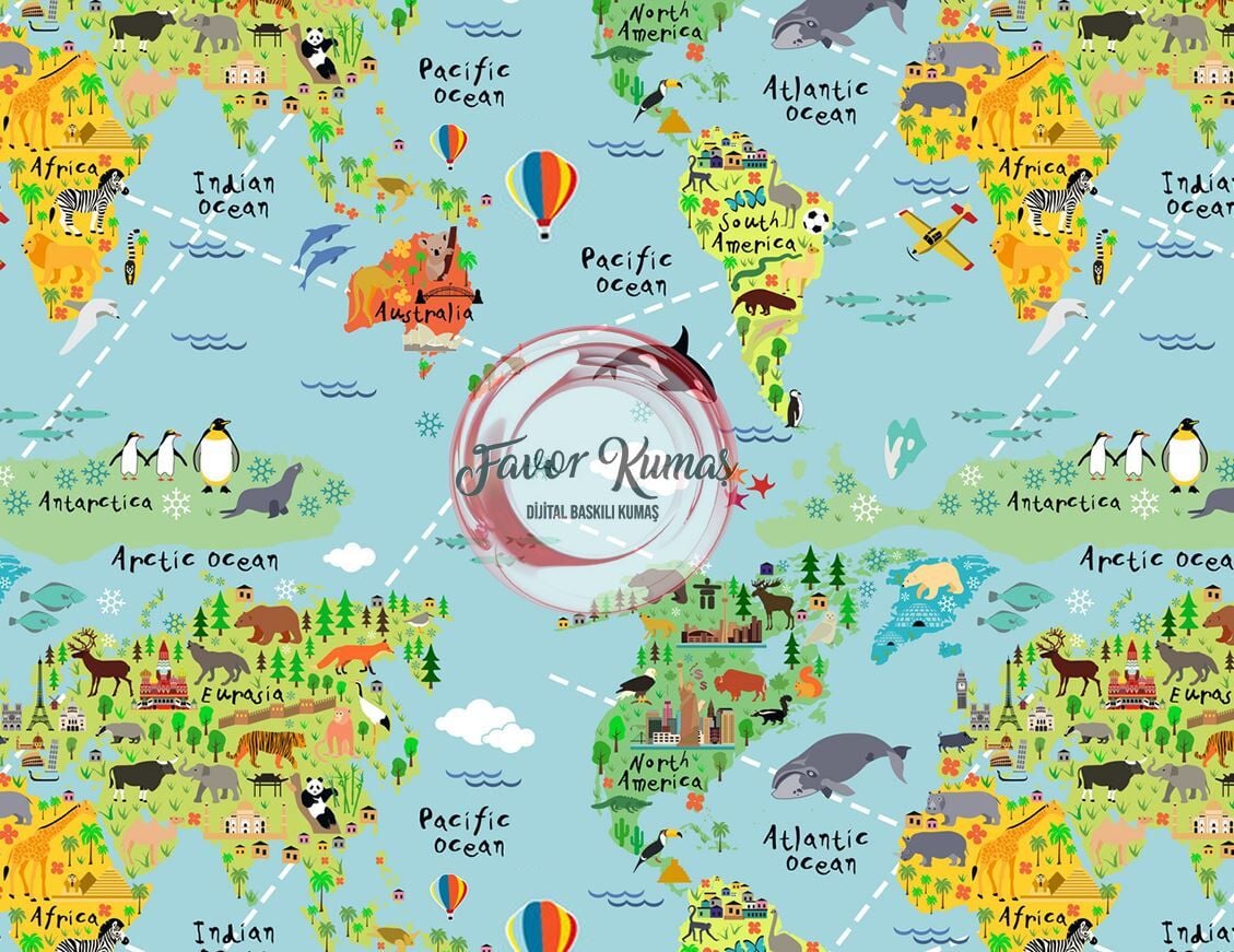 Hayvanlar Ve Kıtalar Desenli Kumaş