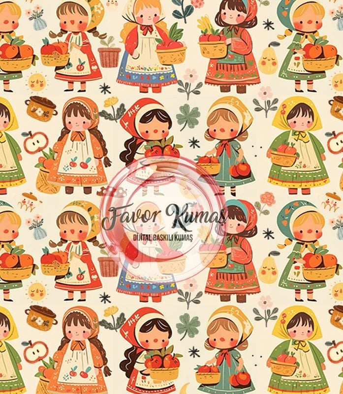 Sevimli Küçük Kızlar  Desenli Kumaş